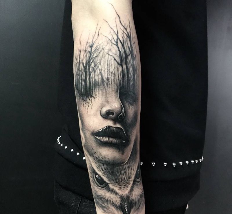 欧美写意纹身图片_成品手部手臂欧美人物动物纹身图案