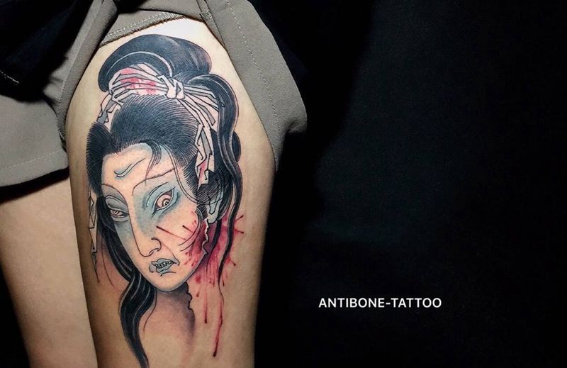 # 生首#纹身图片_成品腿部传统鬼神人物宗教反骨刺青培训纹身图案