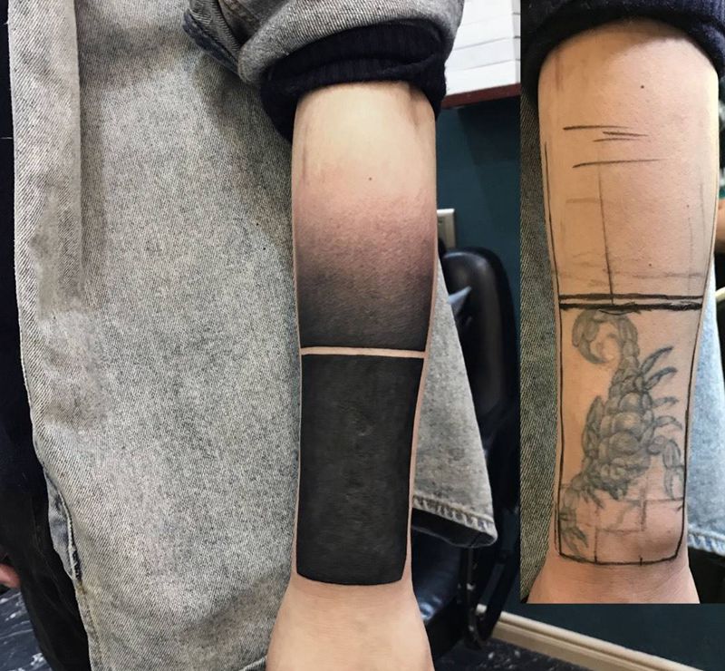 黑臂遮盖纹身图片_成品手部手臂欧美传统习俗几何图腾呀呀刺青遮盖纹身图案