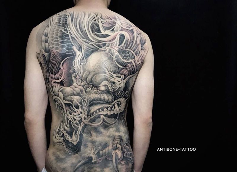 # 龙#纹身图片_成品背部传统写实动物鬼神反骨刺青培训纹身图案