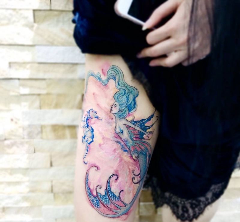 美人鱼（烫疤遮盖）纹身图片_成品腿部清新传统欧美动物人物鬼神纹身图案
