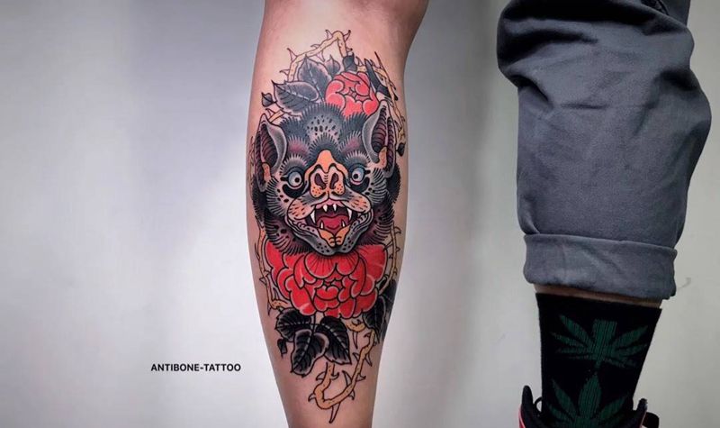 # 蝠，福#纹身图片_手臂腿部Old School老传统纹身图案