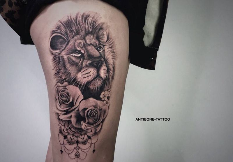 # 狮子#纹身图片_腿部欧美写实狮子玫瑰纹身图案