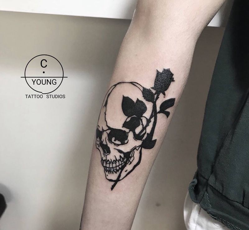 骷髅玫瑰纹身图片_成品植物鬼神几何欧美背部手臂腿部手部静物纹身图案