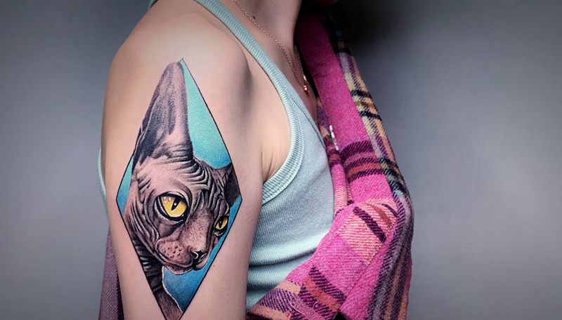 #斯芬克斯#纹身图片_手臂腿部欧美写实New School斯芬克斯猫无毛猫纹身图案