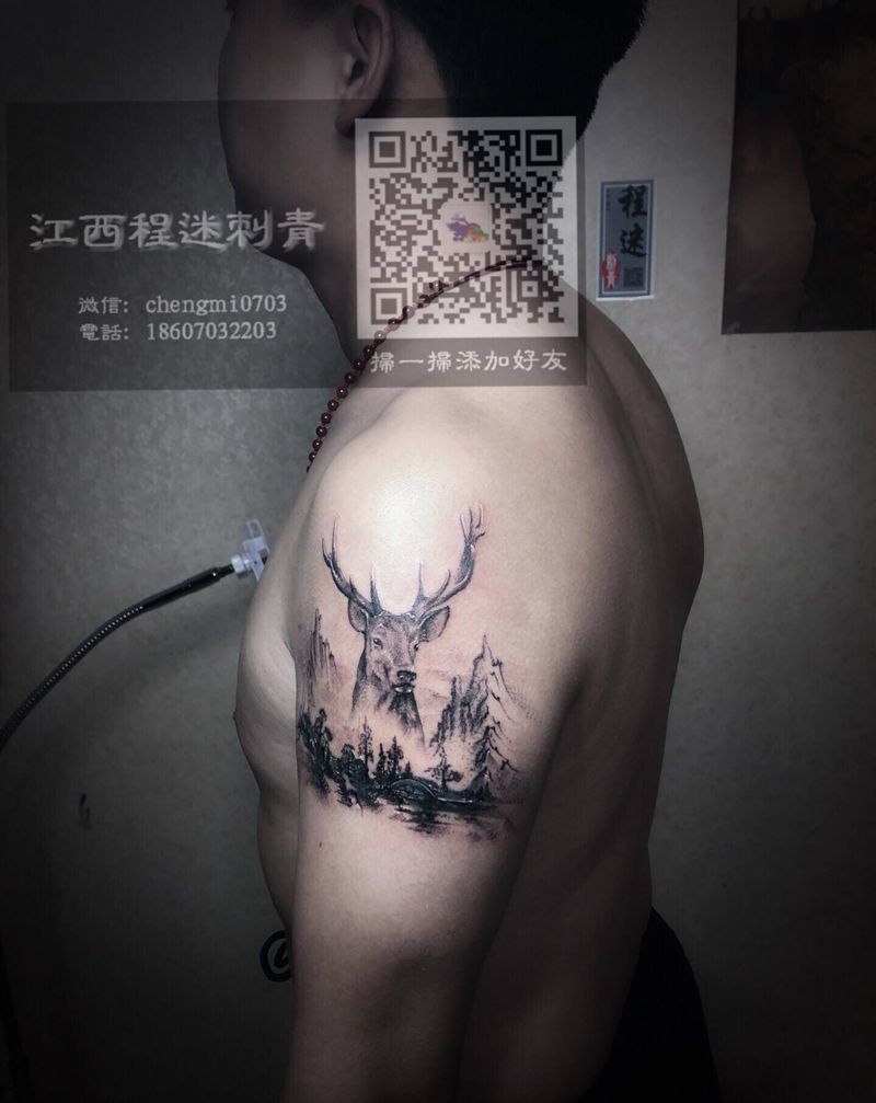 麋鹿纹身图片_手臂手部新传统水墨鹿麋鹿山水纹身图案
