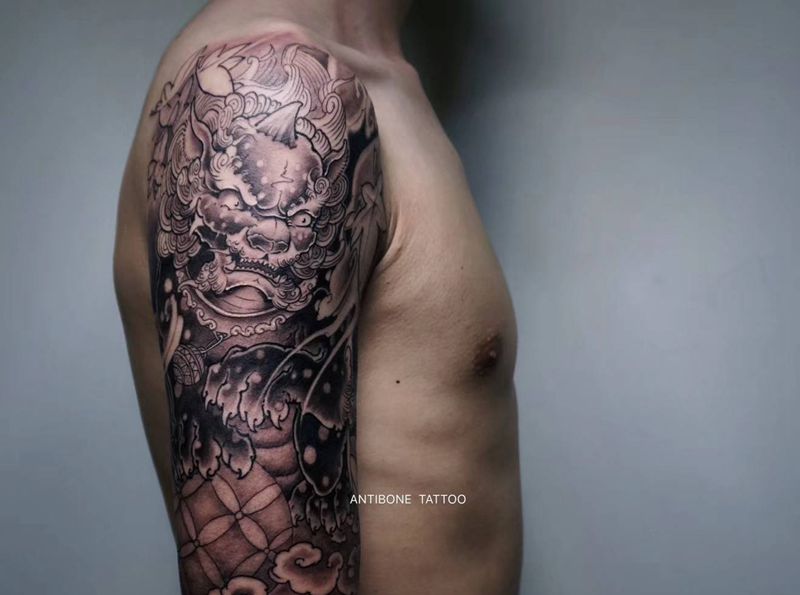 #唐狮#纹身图片_手臂老传统新传统唐狮福狮纹身图案