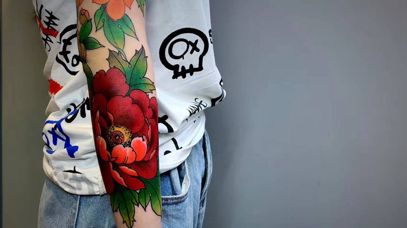 ＃ 牡丹＃纹身图片_手臂腿部老传统新传统传统牡丹牡丹花臂纹身图案