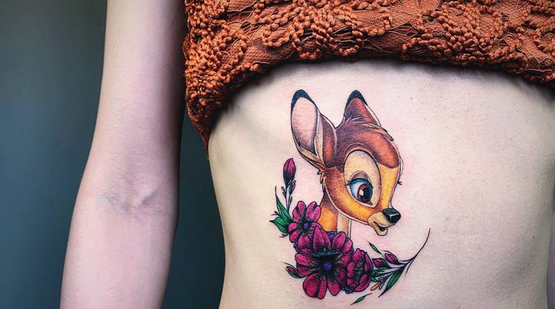 #小鹿斑比#纹身图片_腰部腹部水彩New School卡通小鹿纹身图案