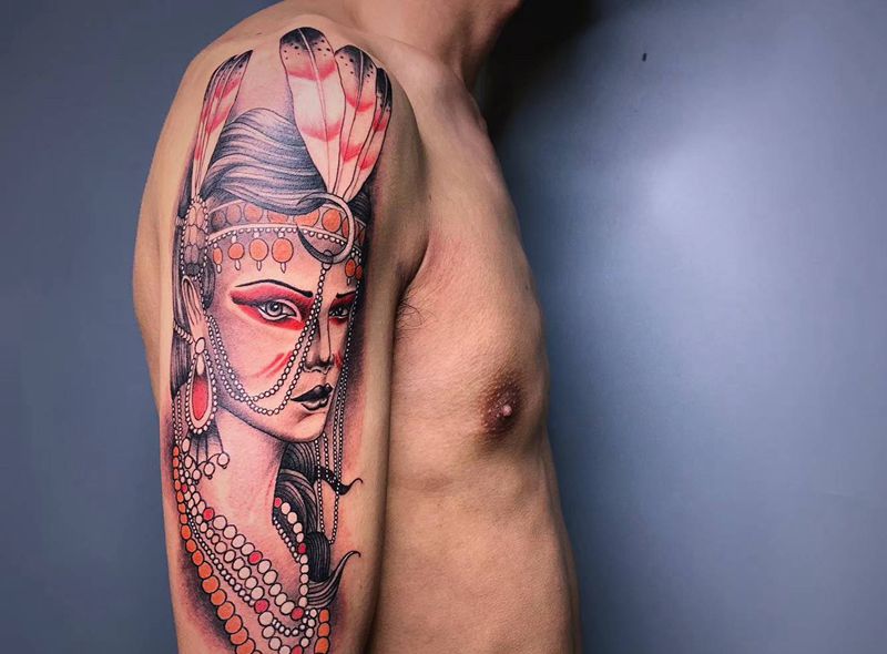 # 印第安女人#纹身图片_手臂腿部老传统Old School印第安女人Old school纹身图案