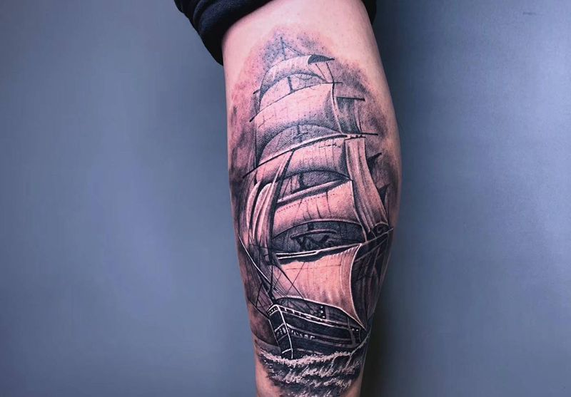 ＃帆船＃纹身图片_腿部手臂欧美写实帆船纹身图案