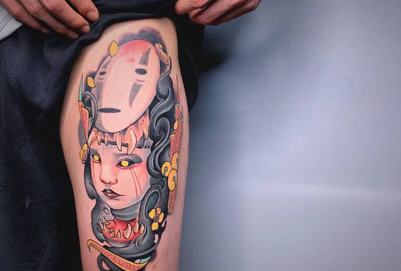 #无脸男#纹身图片_腿部手臂New School卡通动漫纹身图案