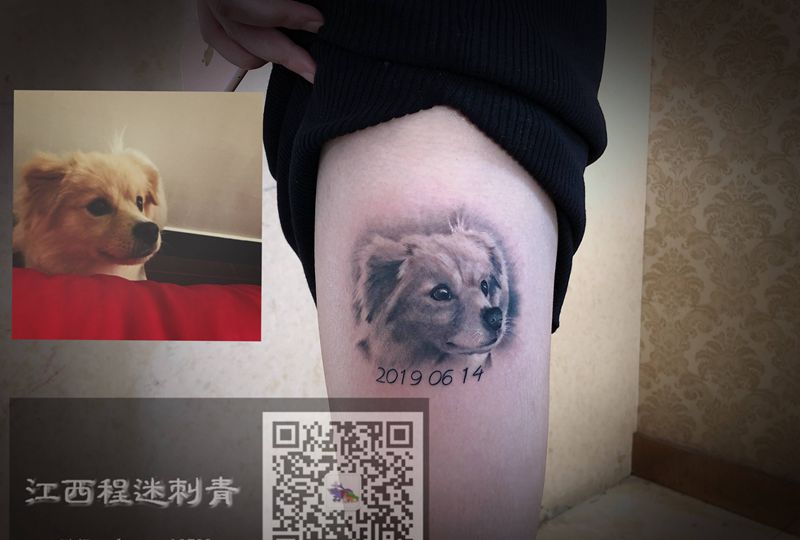 写实狗狗纹身图片_臀部脚部欧美写实新传统狗狗纹身图案