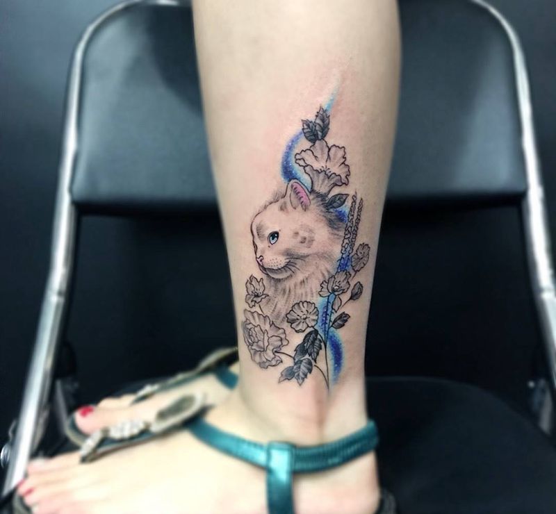 猫纹身图片_成品清新欧美动物呀呀刺青脚部腿部纹身图案