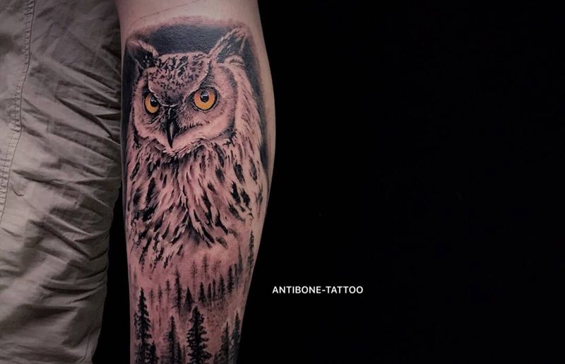 # 猫头鹰#纹身图片_手臂腿部欧美写实猫头鹰纹身图案