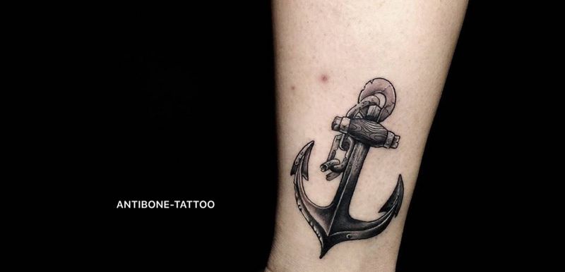 # 锚#纹身图片_成品腿部欧美清新黑白反骨刺青培训纹身图案