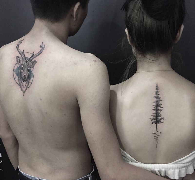 鹿与树纹身图片_成品背部清新动物植物呀呀刺青纹身图案