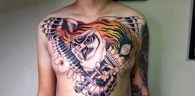 # 猫头鹰# 未完成纹身图片_成品胸部欧美清新动物彩图猫头鹰反骨刺青培训纹身图案