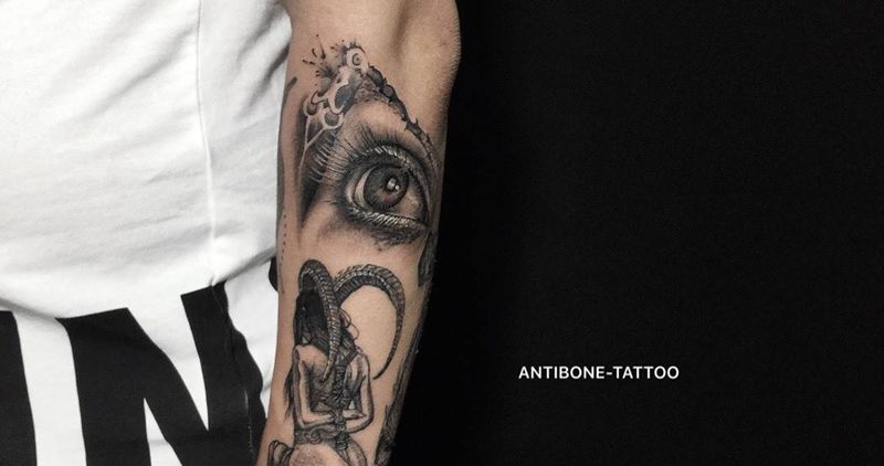 # 心灵之窗#纹身图片_成品手臂欧美写实黑白反骨刺青培训纹身图案