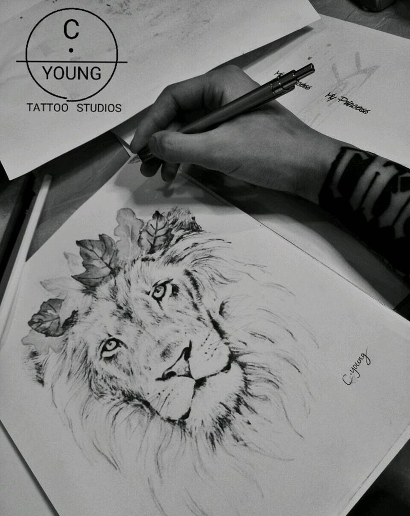 临摹  写实狮子纹身图片_胸部背部手臂腿部欧美写实动物手稿纹身图案