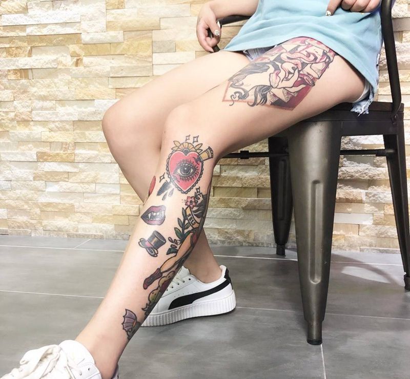 大花腿纹身图片_腿部欧美几何植物图腾成品纹身图案