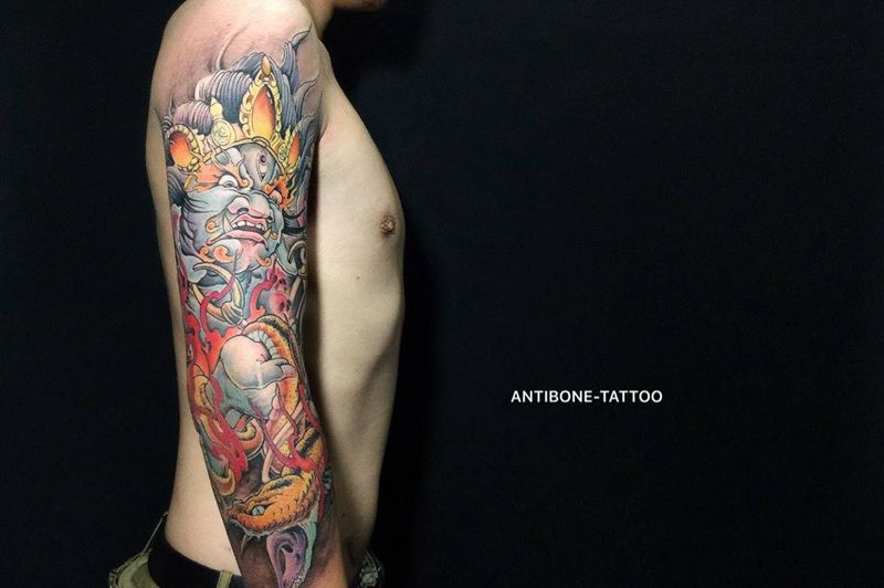 # 彩色大黑天#纹身图片_成品手臂传统鬼神彩图反骨刺青培训纹身图案