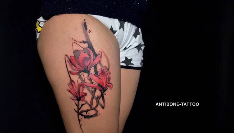 # 兰花#纹身图片_成品腿部传统欧美清新植物反骨刺青纹身图案