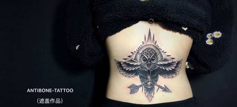 # 关于一个暴力的 遮盖 #纹身图片_成品腰部背部欧美动物黑白猫头鹰反骨刺青纹身图案