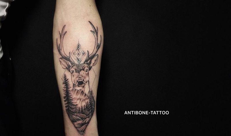 # 鹿#纹身图片_成品手臂欧美清新几何动物反骨刺青培训纹身图案