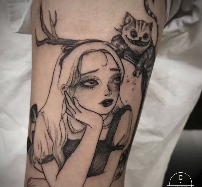 猫女孩纹身图片