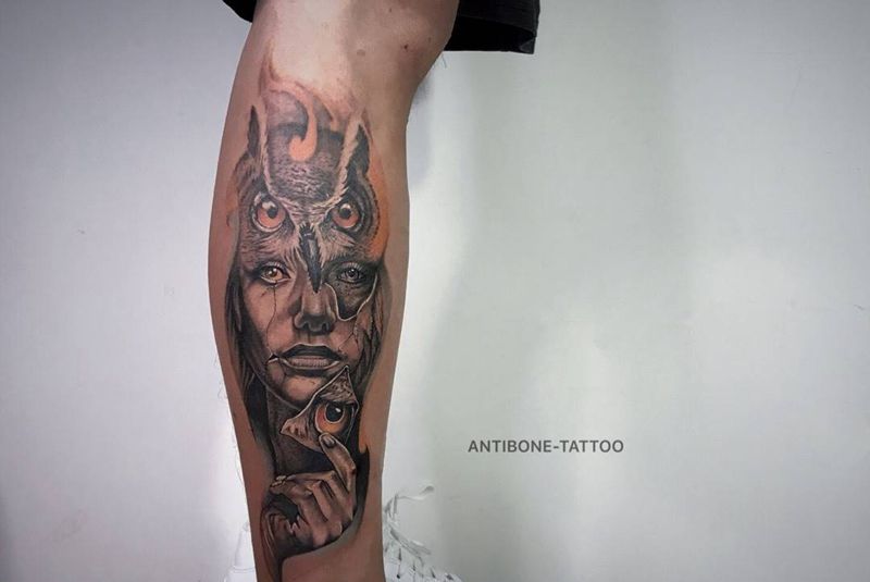 # 无题#纹身图片_手臂腿部欧美写实水彩女人猫头鹰纹身图案