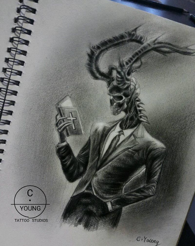 撒旦纹身图片_背部手臂腿部手部脚部欧美写实宗教成品手稿纹身图案