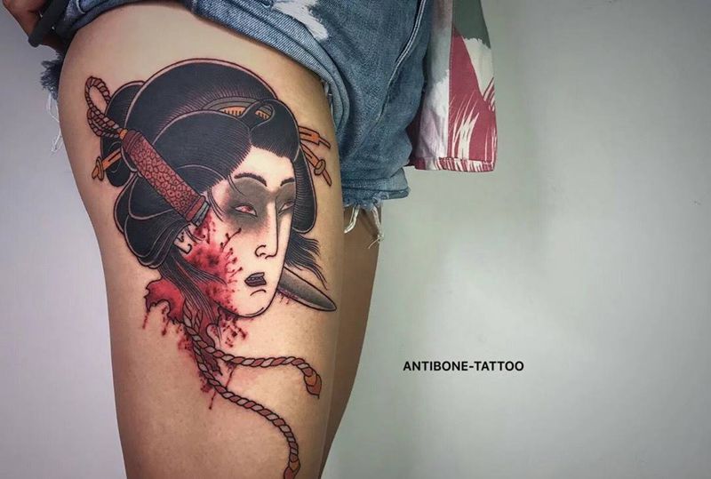 # 生首#纹身图片_腿部新传统老传统生首纹身图案