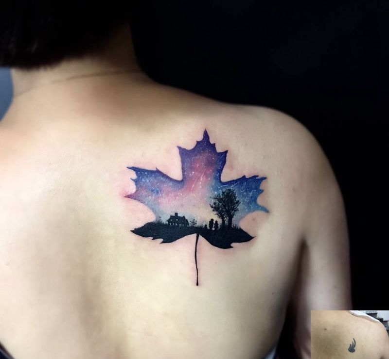 枫叶星空遮盖纹身图片
