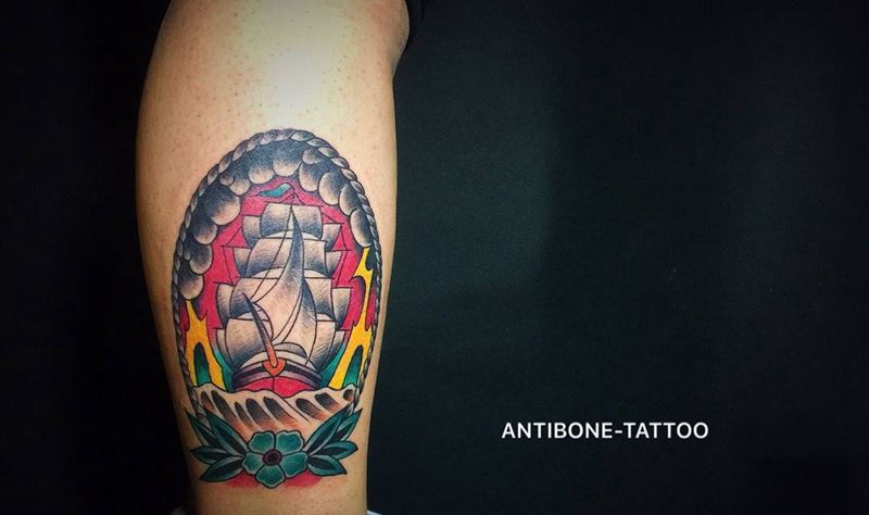 #  2017，一帆风顺 #纹身图片_成品腿部欧美传统School彩图反骨刺青纹身图案