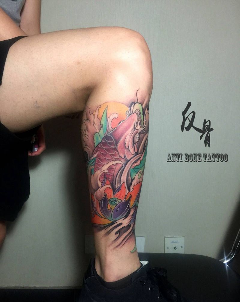 彩色大鱼纹身图片_成品手臂腿部传统动物彩图纹身图案