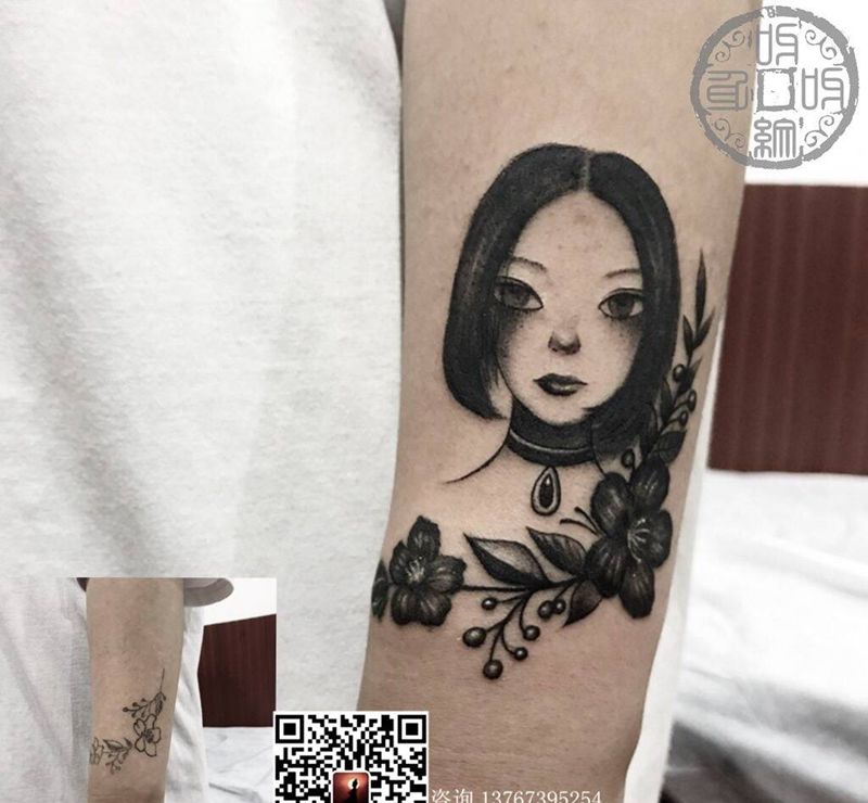 修改添加短发少女纹身图片_成品手臂手部欧美肖像写实人物植物呀呀刺青纹身图案