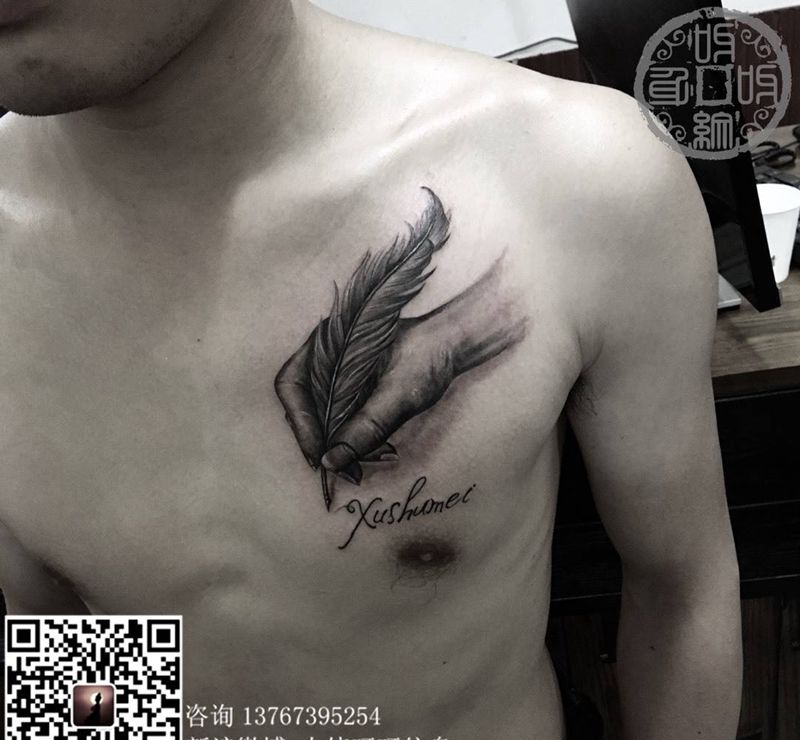 手纹身图片_成品胸部肩部写实欧美传统人物静物呀呀刺青纹身图案