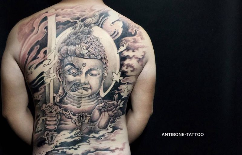 # 佛魔#纹身图片_成品背部传统鬼神人物黑白反骨刺青培训纹身图案