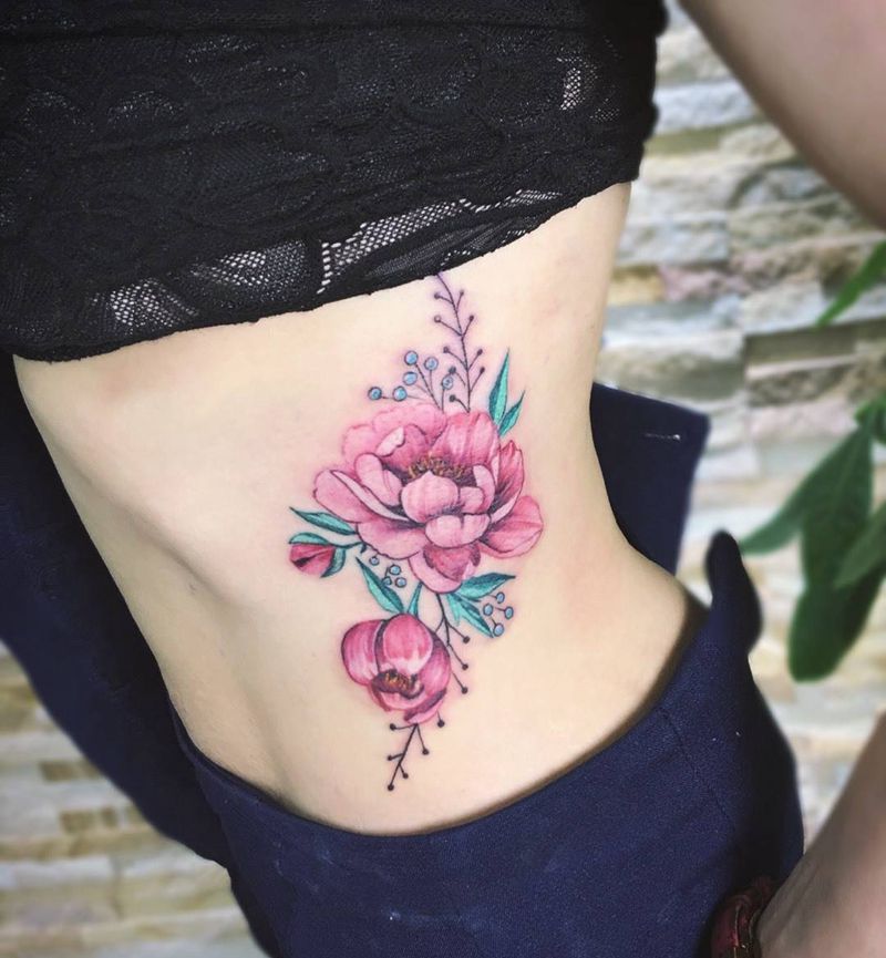 腰侧彩色花束纹身图片_成品腰部腹部清新传统欧美植物动物静物纹身图案