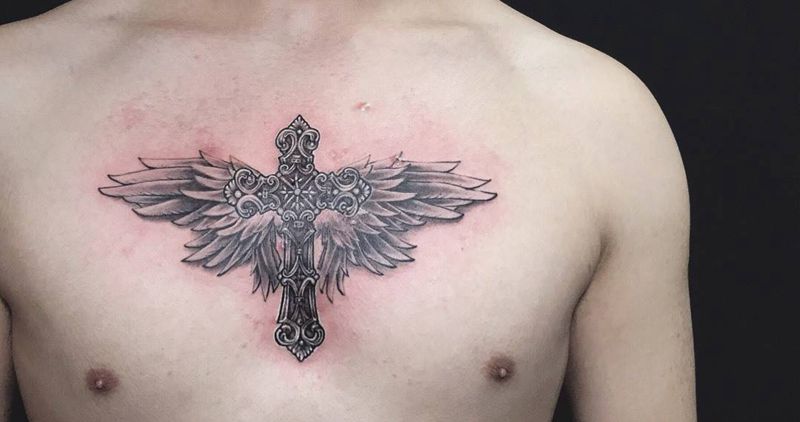 # 十字架#纹身图片_成品胸部欧美清新写实静物宗教原创反骨刺青培训纹身图案