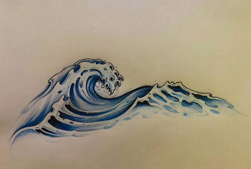 浪花手稿纹身图片_手臂背部纹身图案