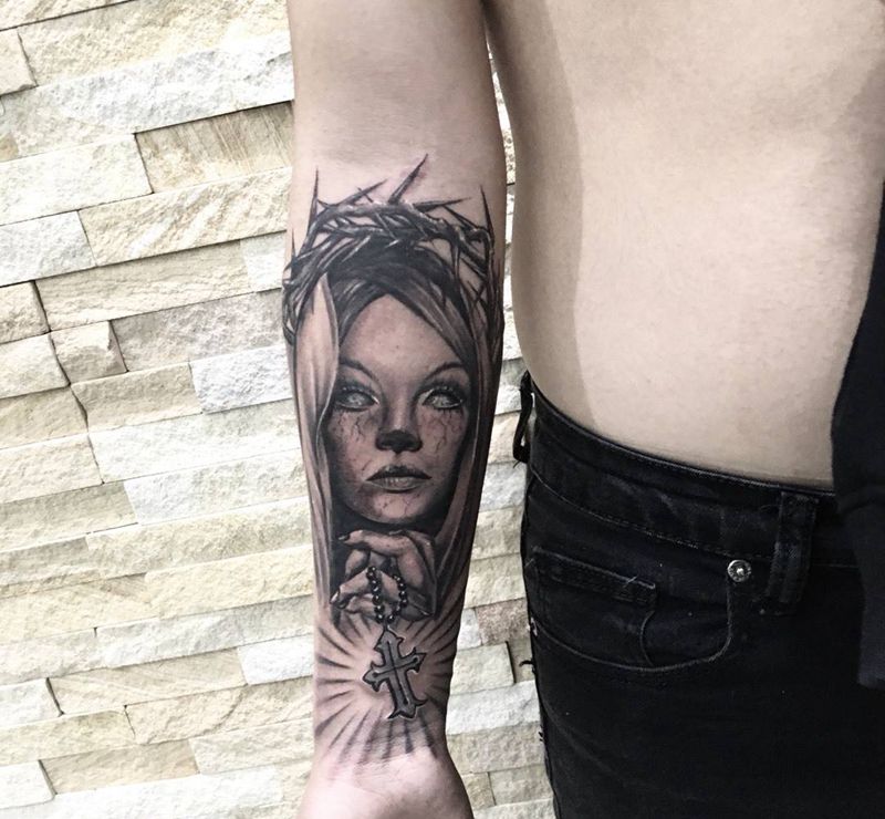 欧美圣母纹身图片_成品手部手臂欧美人物鬼神纹身图案