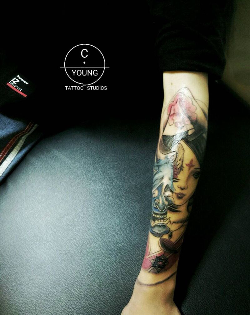 艺妓 般若纹身图片_臀部手臂腿部传统习俗鬼神暗黑古典艺妓成品纹身图案