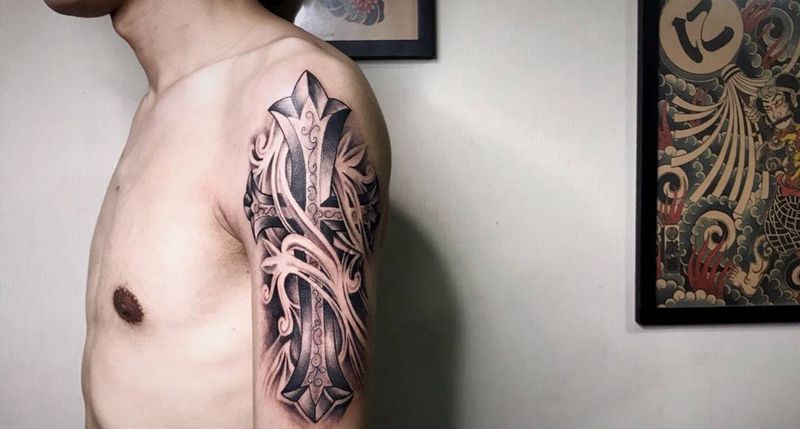 # 十字架#纹身图片_成品手臂欧美写实静物鬼神宗教反骨刺青培训纹身图案