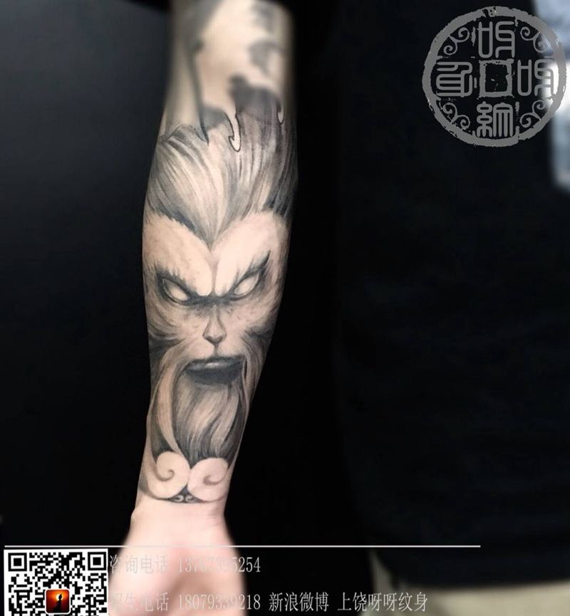 小臂内侧猴子纹身图片_成品手部手臂传统动物人物鬼神呀呀刺青纹身图案