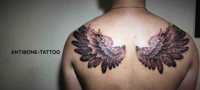 # 有梦 便能高飞#纹身图片_成品背部欧美动物黑白反骨刺青翅膀纹身图案