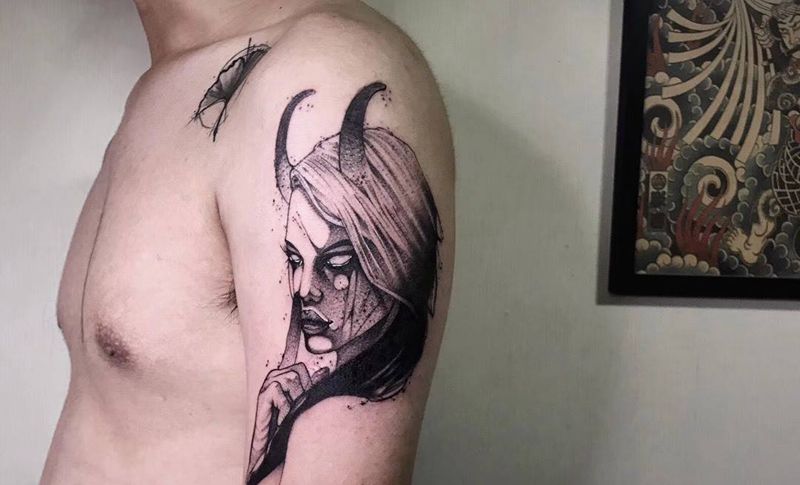 # 嘘#纹身图片_成品手臂欧美肖像人物反骨刺青培训纹身图案