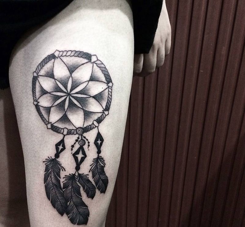 捕梦网纹身图片_成品腿部传统欧美清新静物几何呀呀刺青纹身图案