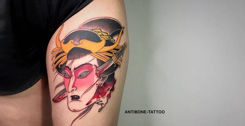 # 生首#纹身图片_成品腿部传统习俗清新人物鬼神反骨刺青培训纹身图案